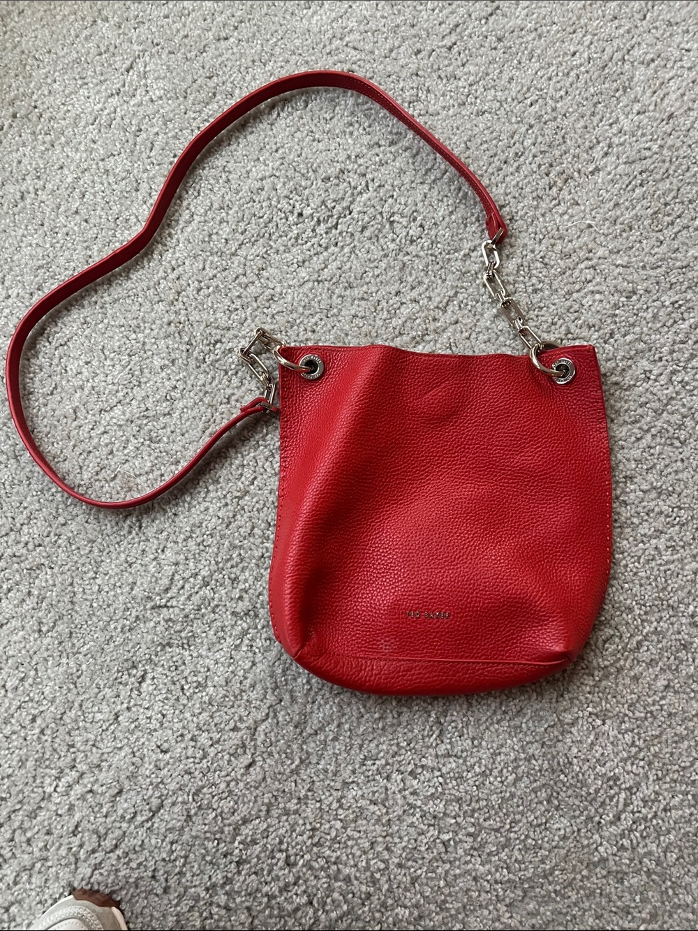 Ted Baker London Red Pebbled Leather Crossbody Bucket Bag with Chain Detail